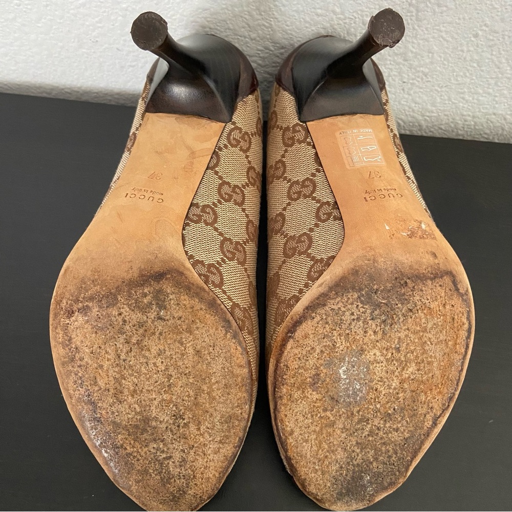 Gucci Monogram Peep-Toe Heels Brown Leather Canvas - Picture 11 of 11